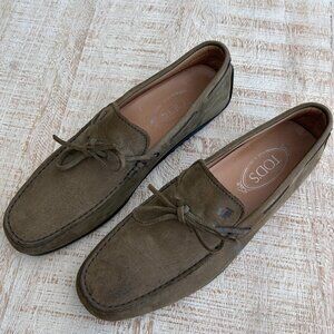 Mens Tods Dark Tan/Beige‎ Nubuck Leather Slip On Driving Shoes Loafers Size 7M